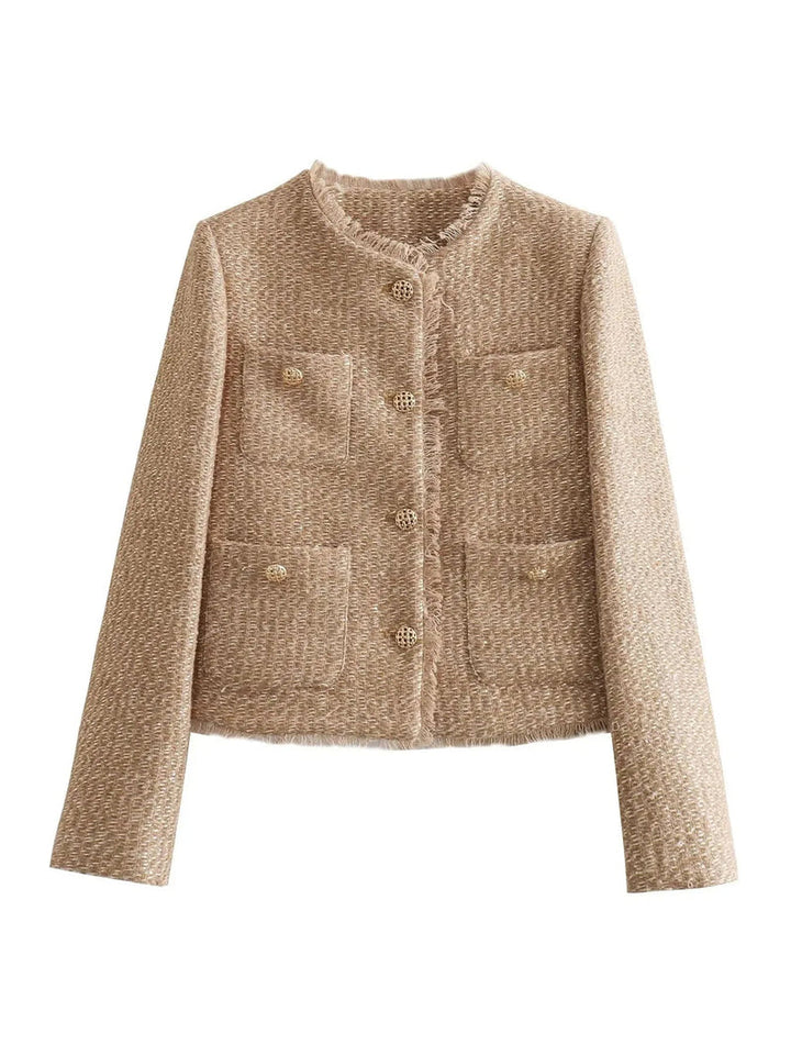 Versatile beige tweed jacket for women. Stylish outerwear with gold buttons, perfect for elegant office wear.