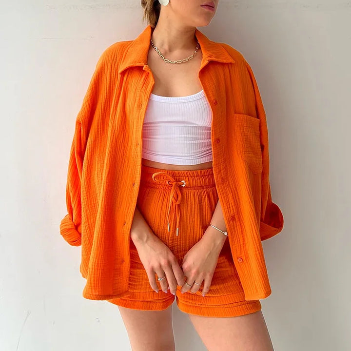 Everyday women's two-piece set: button-up collared shirt & casual drawstring shorts.