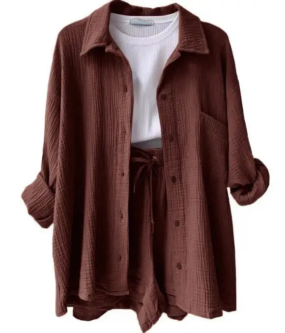 Women's casual shorts set: button-front shirt & comfortable drawstring shorts for a laid-back look.