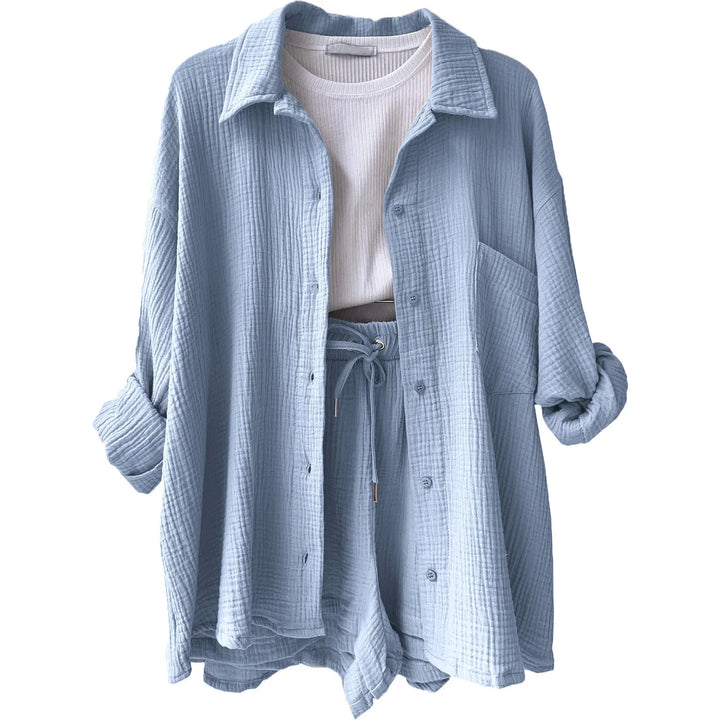 Vibrant women's shorts and shirt set, ideal for sunny days and relaxed outdoor activities.