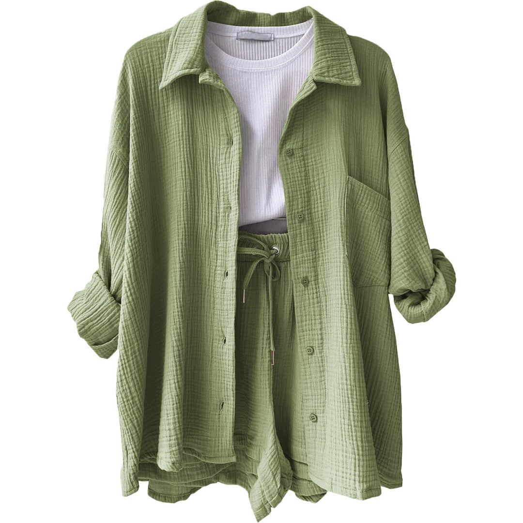 Women's comfy button-up shirt & shorts set, vibrant colors, great for lounging or casual excursions.