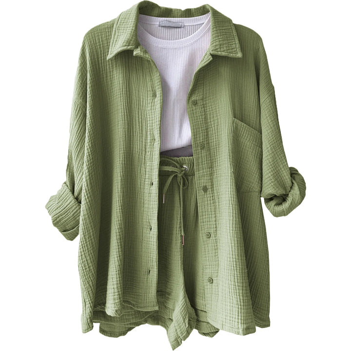 Women's comfy button-up shirt & shorts set, vibrant colors, great for lounging or casual excursions.