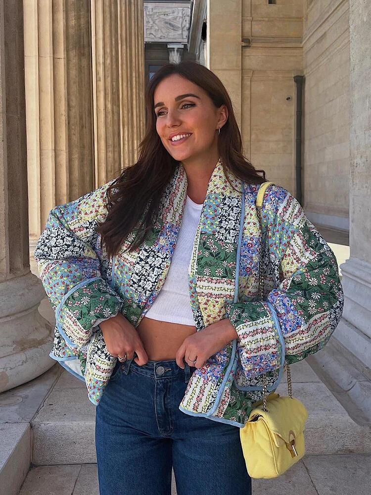 Detailed floral patchwork women's jacket. Vintage style blazer, a chic and unique fashion statement piece.