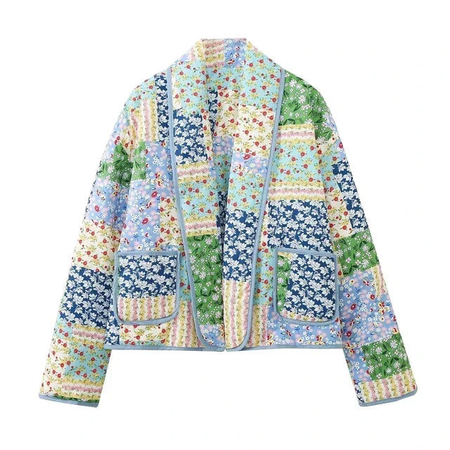 Statement vintage floral patchwork jacket for women. A chic and unique design, ideal for versatile layering.