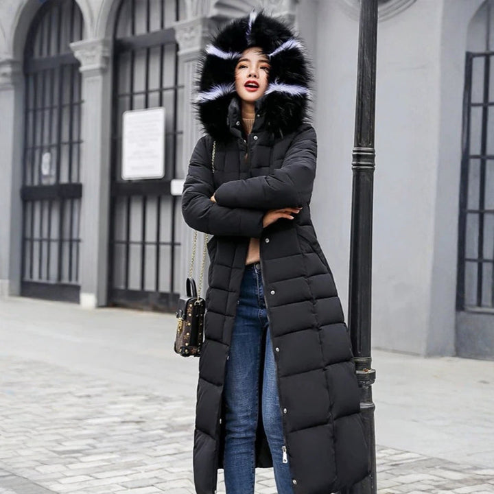 Fashionable ladies' down jacket, providing cozy warmth and an elegant look for winter outerwear.