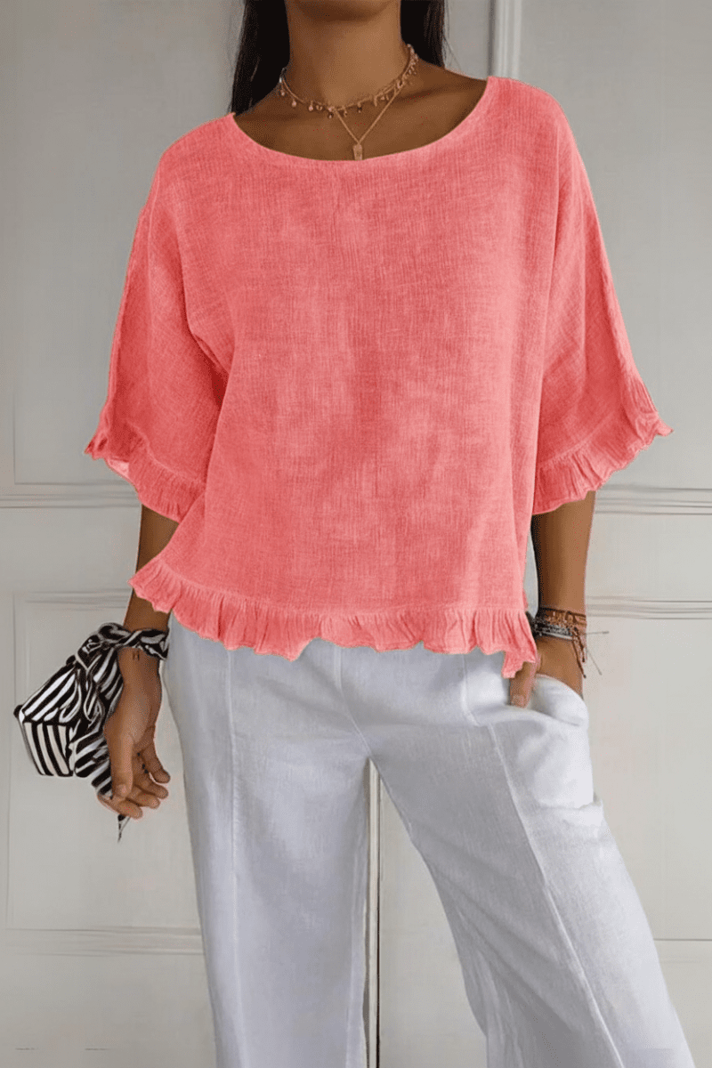 Chic women's ruffle blouse, an elegant and versatile top for effortless summer and office styling.