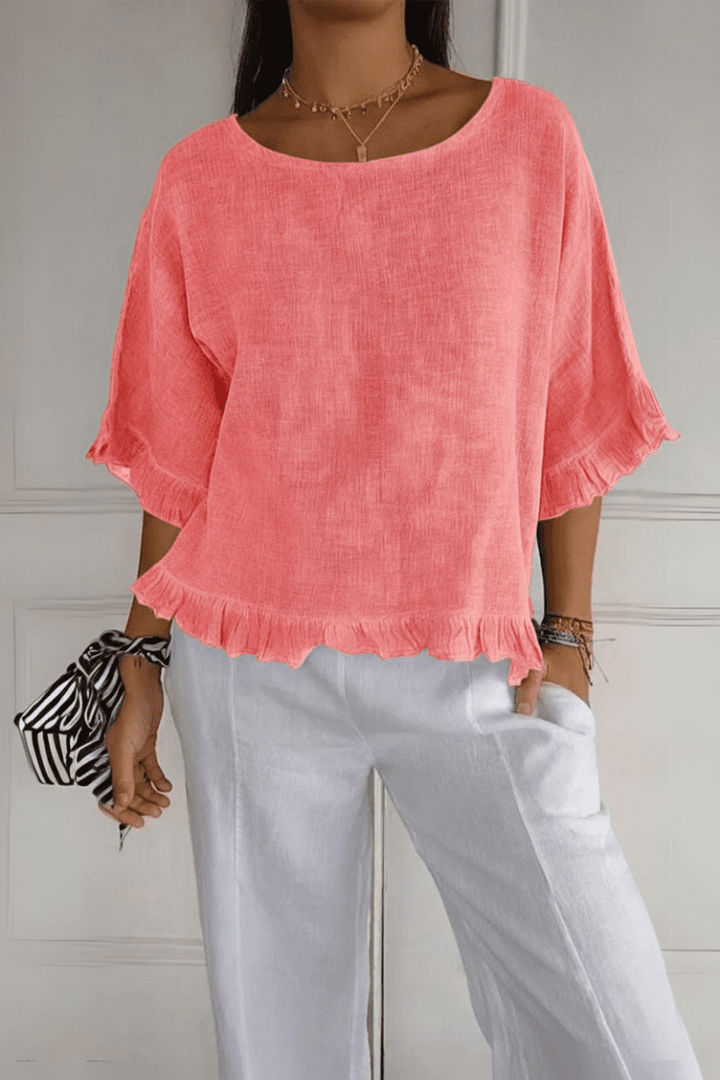 Chic women's ruffle blouse, an elegant and versatile top for effortless summer and office styling.