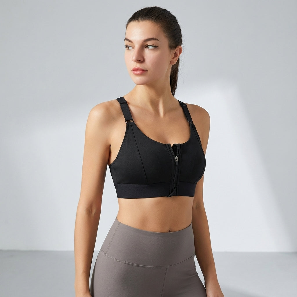 Supportive yoga running workout bra for women, featuring a front zip and adjustable straps