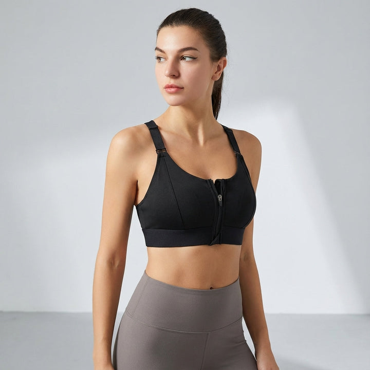 Supportive yoga running workout bra for women, featuring a front zip and adjustable straps