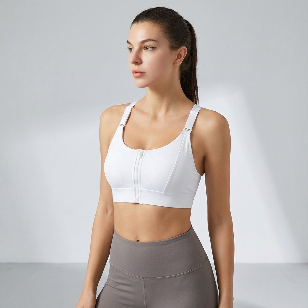 Women's gym wear sports bra, black, with adjustable straps and front zip for easy wear