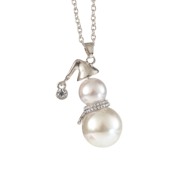 Dainty gold Christmas snowman pearl necklace. Elegant women's holiday jewelry, perfect festive gift.