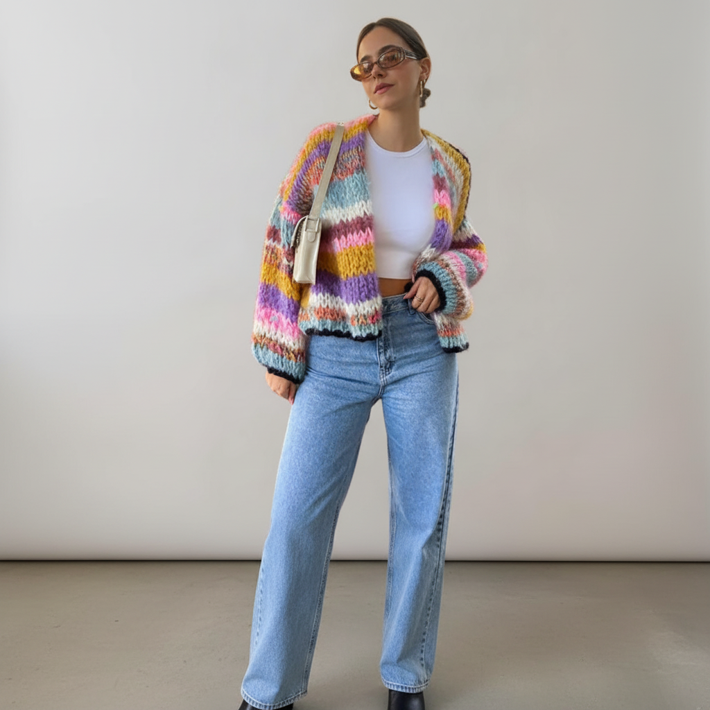 Stylish women's open front chunky knit cardigan in soft acrylic wool, ideal for cold weather fashion