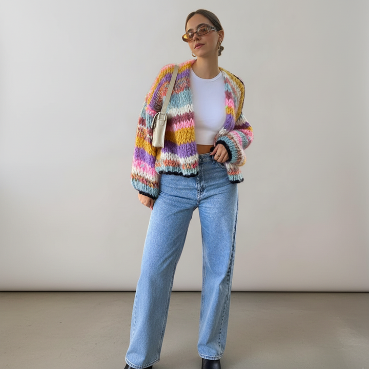 Stylish women's open front chunky knit cardigan in soft acrylic wool, ideal for cold weather fashion