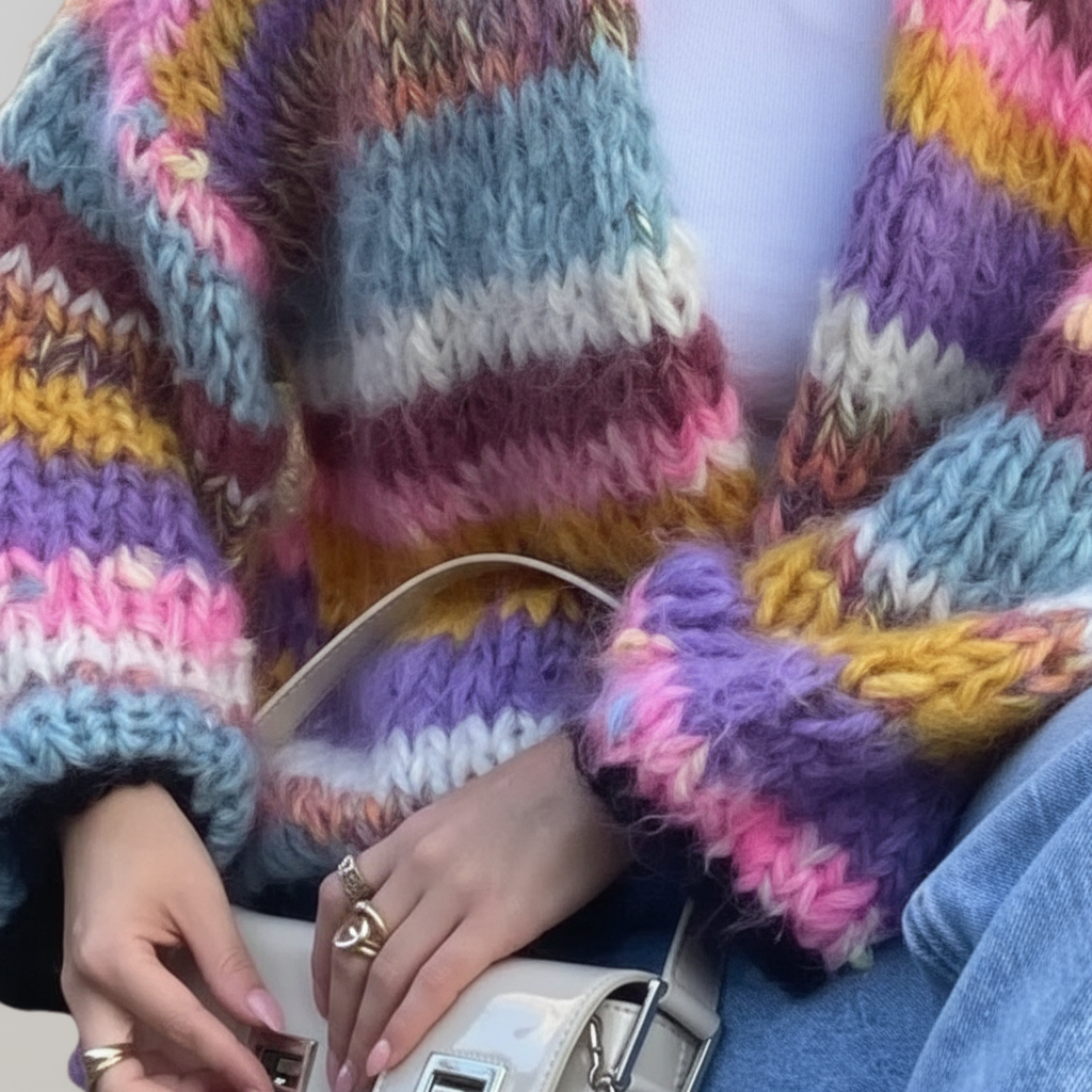 Vibrant women's Lotta chunky knit cardigan, an open front cozy sweater for versatile winter fashion