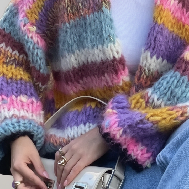 Vibrant women's Lotta chunky knit cardigan, an open front cozy sweater for versatile winter fashion