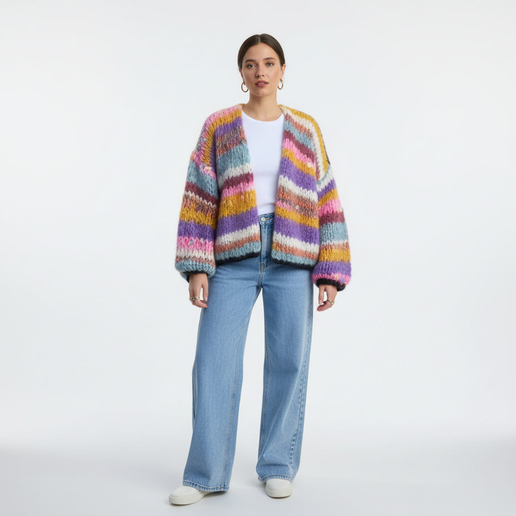 Detailed view of a trendy women's open front chunky knit Lotta cardigan in a warm, colorful hue