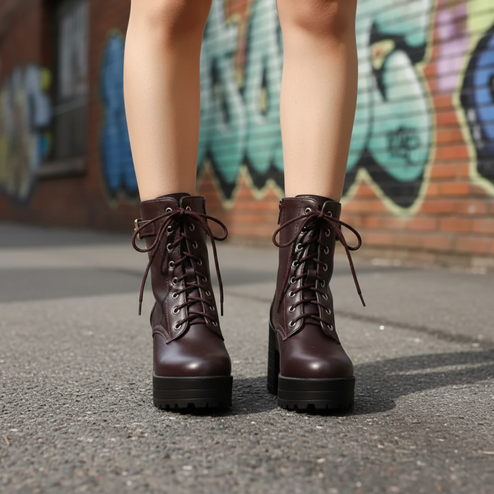 Women's chunky lace-up combat boots with durable sole, black leather finish, and side zipper, perfect for winter fashion.
