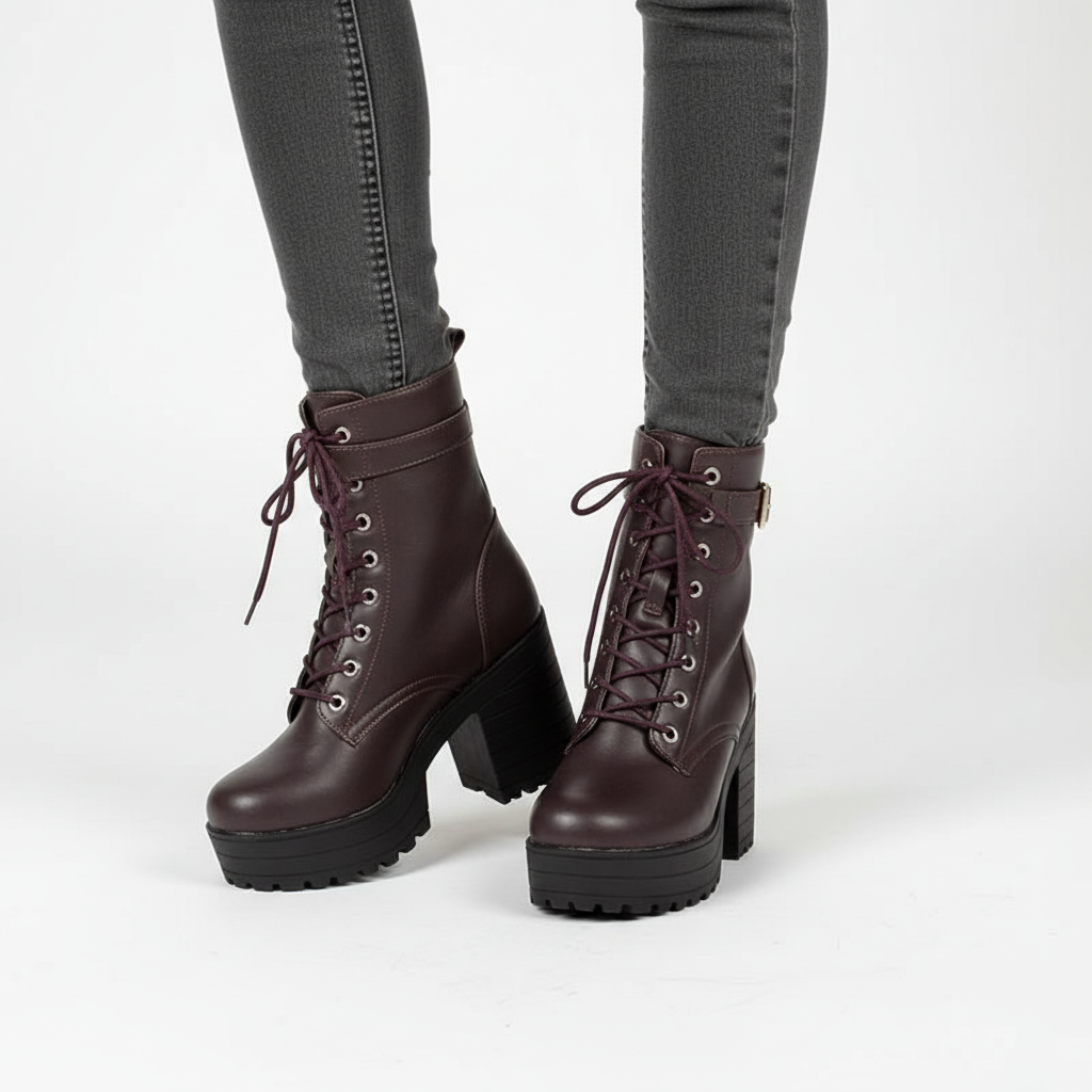 Pair of black women's winter boots, chunky lace-up combat style, highlighting fashion, comfort, and an easy-clean surface.