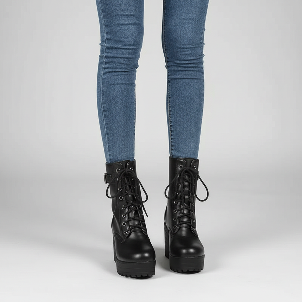Fashion-forward women's black lace-up combat boots with a chunky sole, offering durability, comfort, and versatile style.