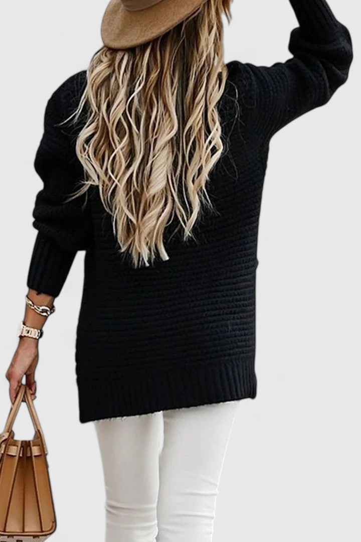 Women's chunky ribbed mock neck sweater in a cozy, relaxed fit, perfect for stylish fall and winter layering.