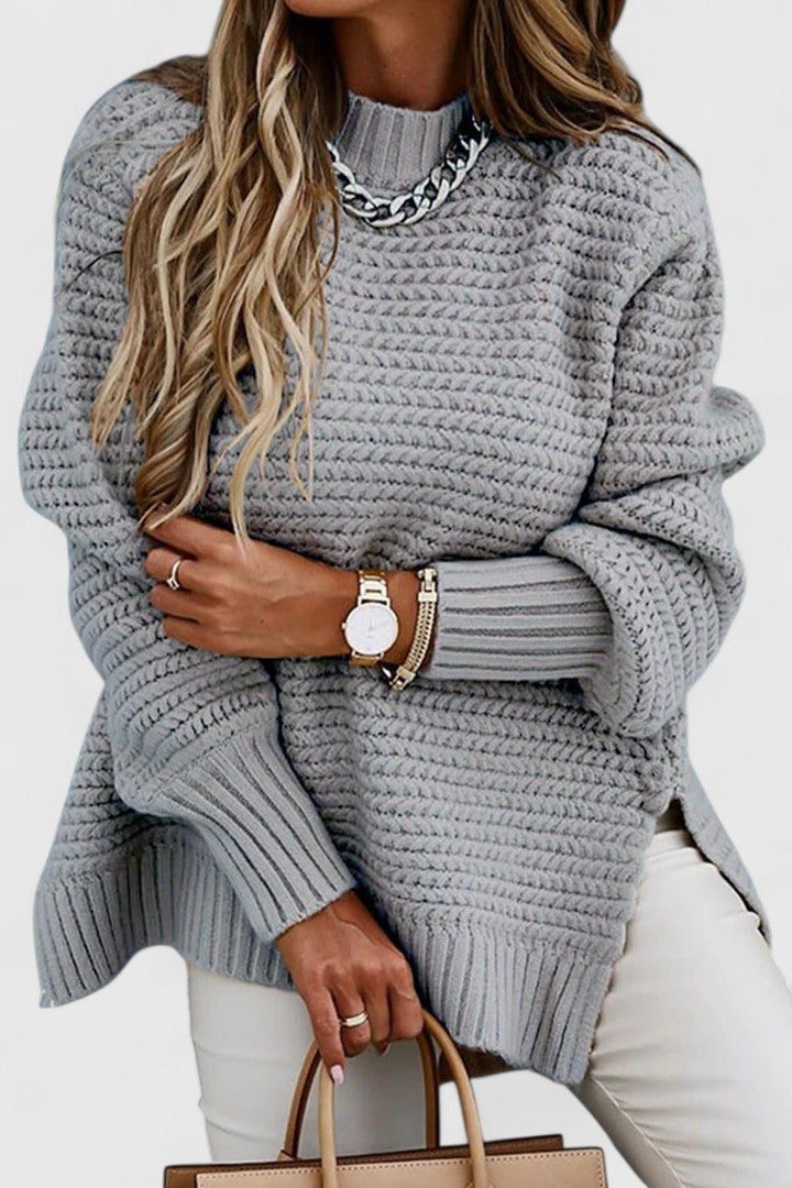 Everyday women's cozy chunky ribbed sweater with a mock neck, offering versatile and stylish comfort for layering.