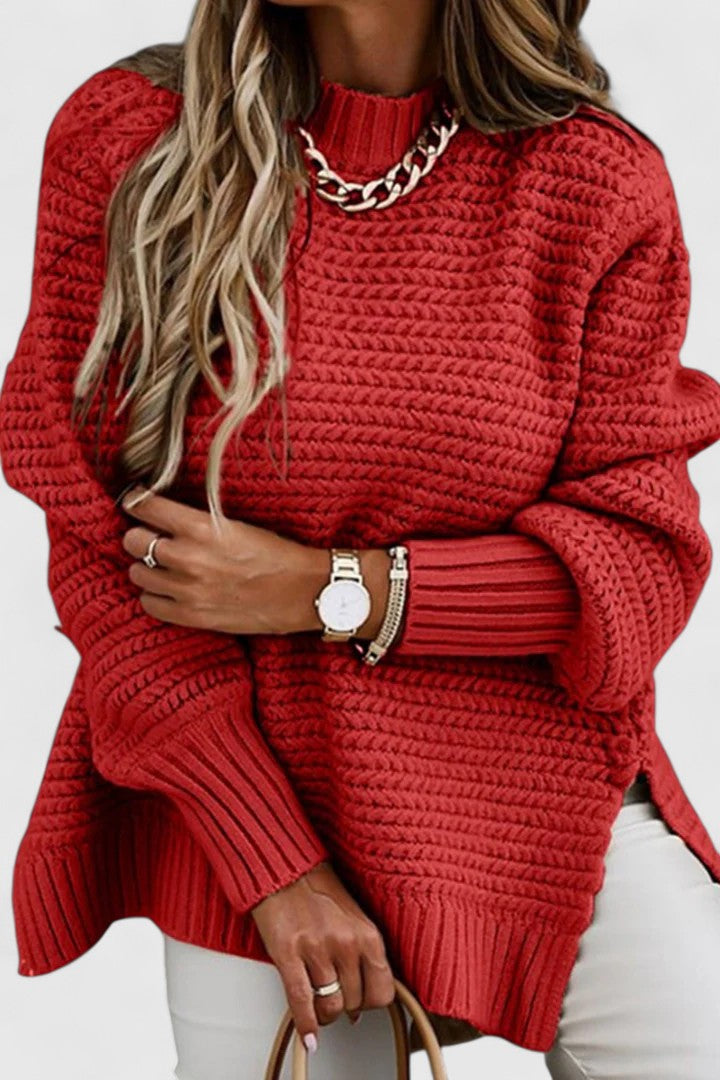 Soft women's chunky ribbed mock neck pullover, designed for cozy comfort and a relaxed, stylish winter look.