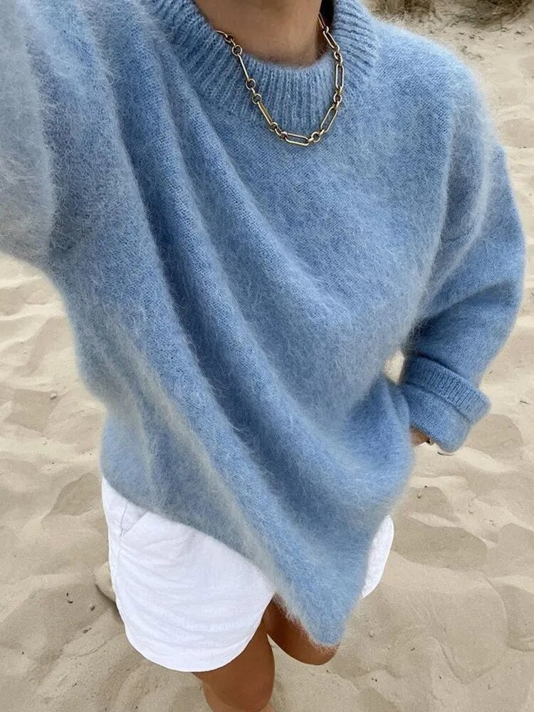Soft women's Clara round neck sweater. A cozy long sleeve casual top, perfect for fall fashion & winter comfort.
