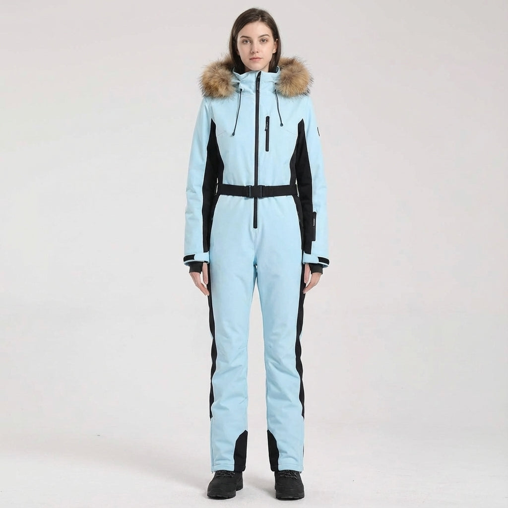 Stay warm in Clarissa women's hooded ski suit, waterproof and insulated for extreme conditions.