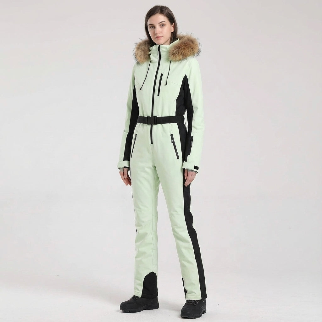 Clarissa women's one-piece active wear ski suit with waterproof insulation and a functional hood.