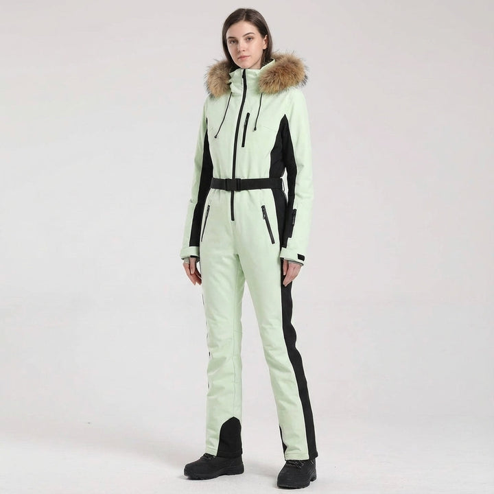 Clarissa women's one-piece active wear ski suit with waterproof insulation and a functional hood.