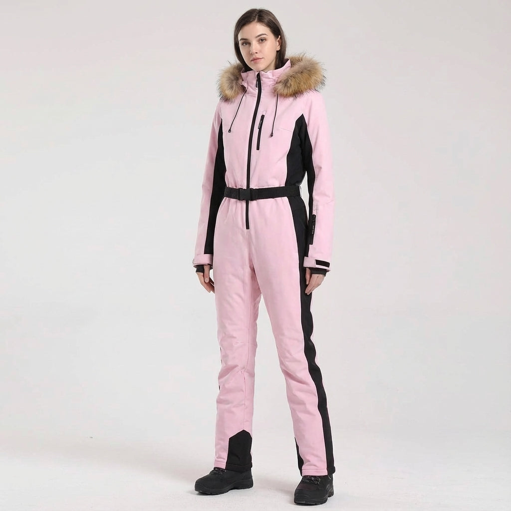 High-performance Clarissa women's ski overall, waterproof, insulated, & hooded for winter adventures.