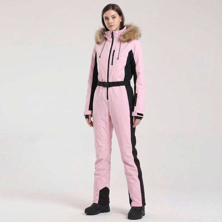 High-performance Clarissa women's ski overall, waterproof, insulated, & hooded for winter adventures.