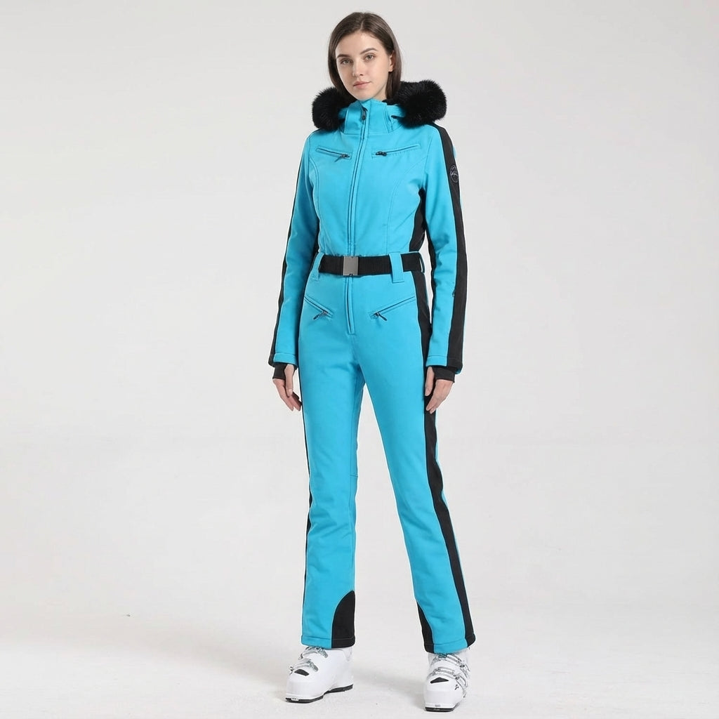 Practical women's Clarissa ski suit, hooded, waterproof, and insulated for all snow sports.
