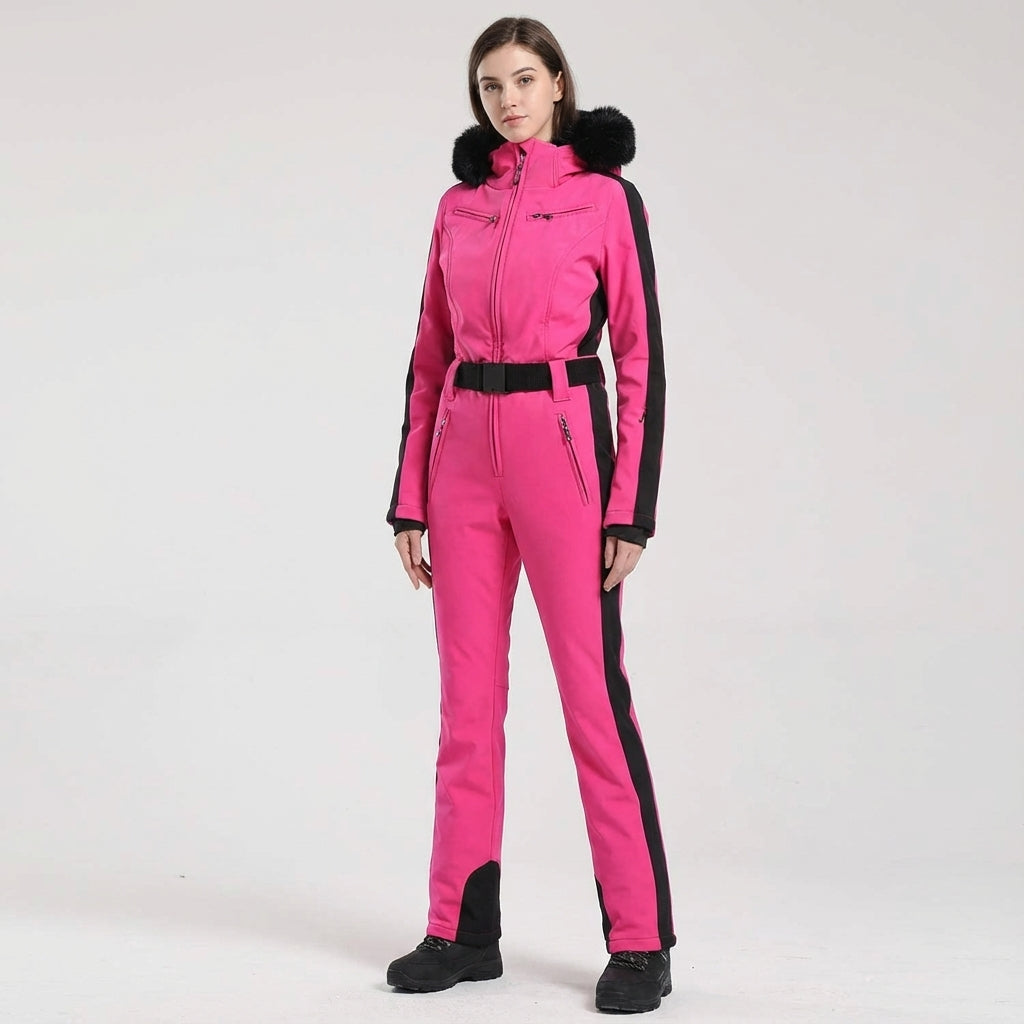 Women's Clarissa hooded winter jumpsuit, designed for warmth & protection on the slopes.