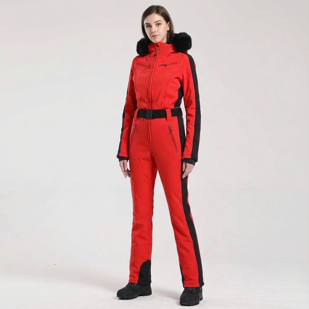 Full-body Clarissa women's ski suit, waterproof & insulated, with practical attached hood.