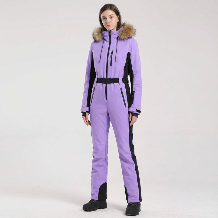 Durable women's Clarissa snow apparel ski suit, waterproof with a cozy insulated hood.