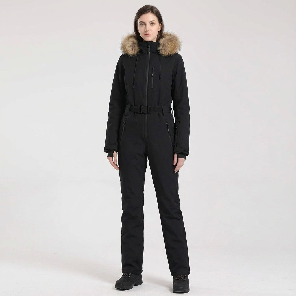 Clarissa women's ski jumpsuit featuring waterproof fabric and insulation, with an integrated hood.