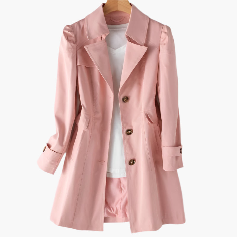 Model wearing a women's tailored trench coat, elegant and versatile. Perfect for smart casual & office style.