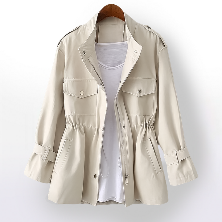 Women's classic belted structured trench coat with a notch collar, perfect for versatile workwear.