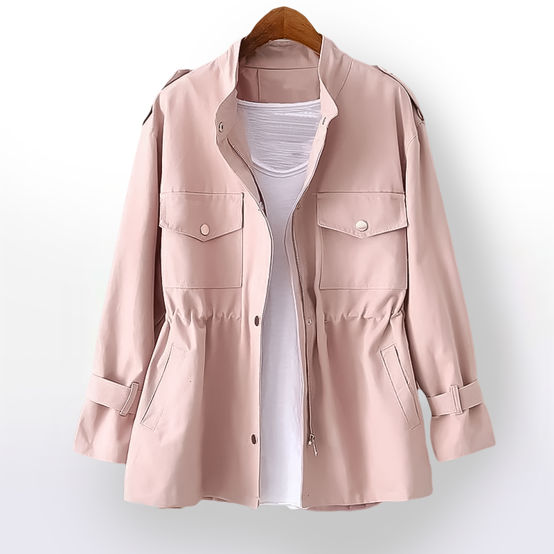 Elegant women's trench coat, classic belted design with notch collar. Stylish structured outerwear for fashion.