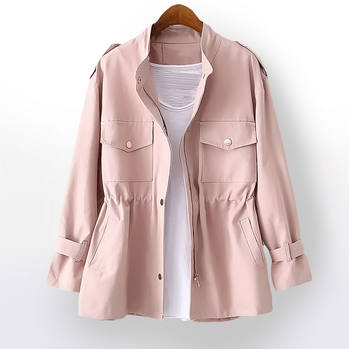 Elegant women's trench coat, classic belted design with notch collar. Stylish structured outerwear for fashion.