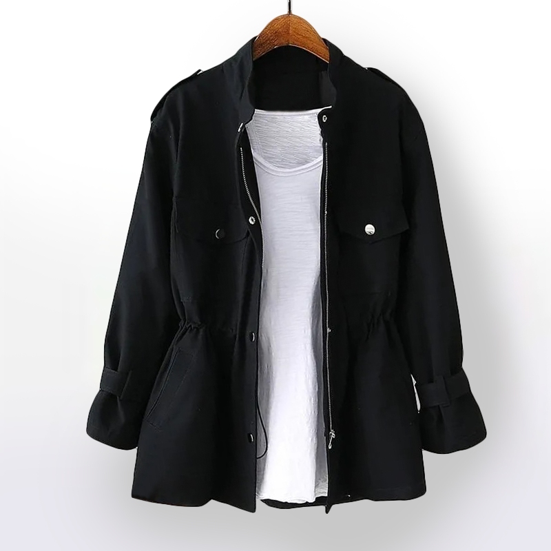 Versatile women's structured trench coat. Classic belted design, notch collar. Ideal for elegant outerwear & work.