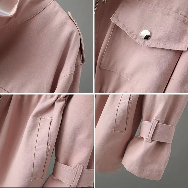 Classic women's trench coat with a structured silhouette, belted waist, & chic notch collar. Elegant outerwear.