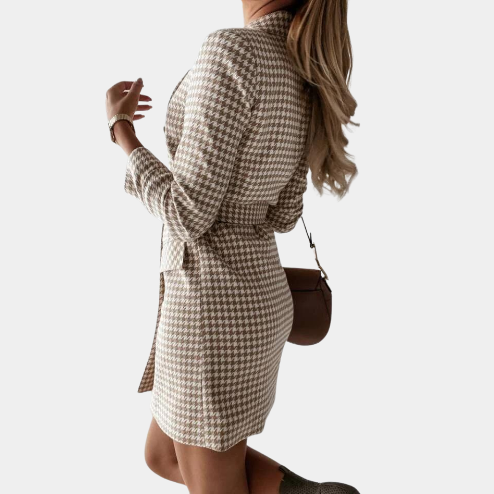 Elegant women's tailored blazer dress with a button-front and matching belt, ideal for business casual.