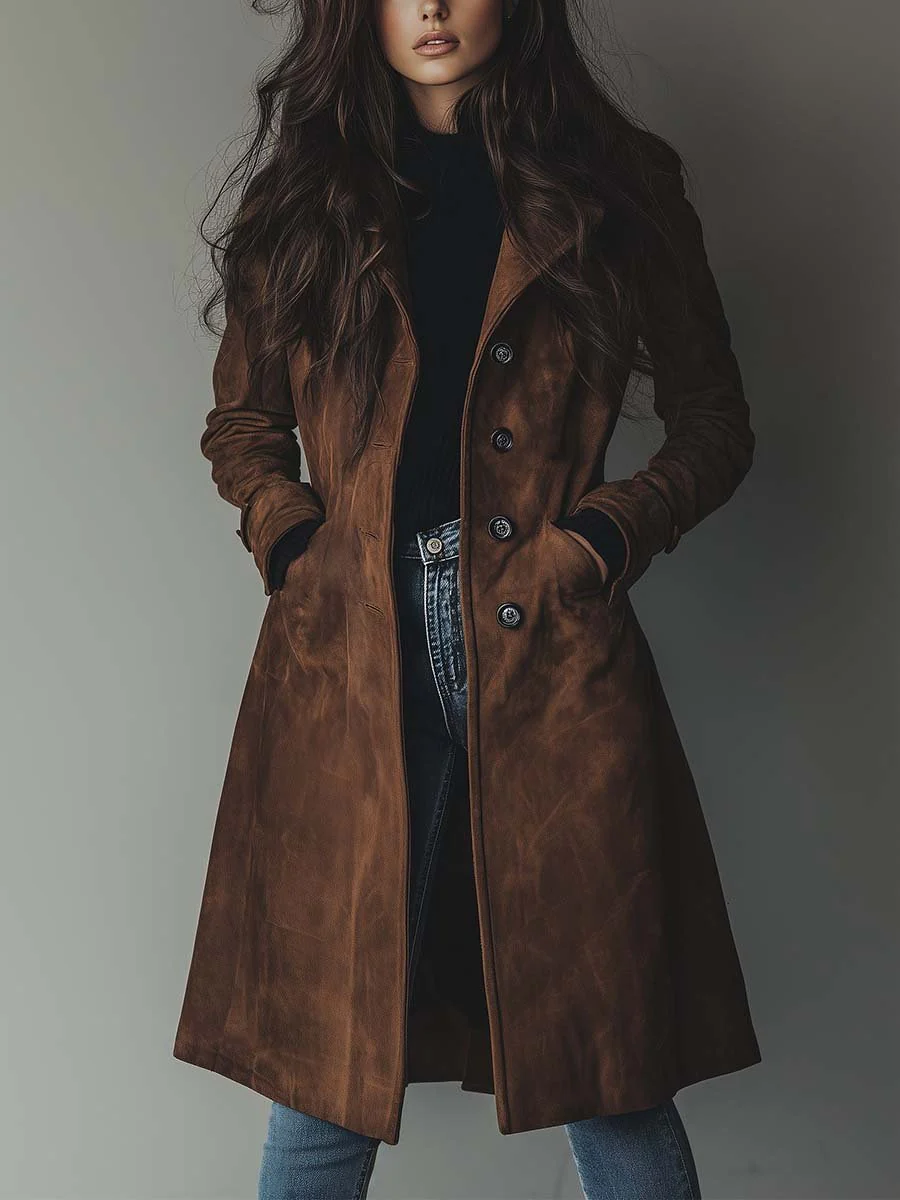 Women's classic brown trench coat, vintage style, elegant fall outerwear for timeless fashion.