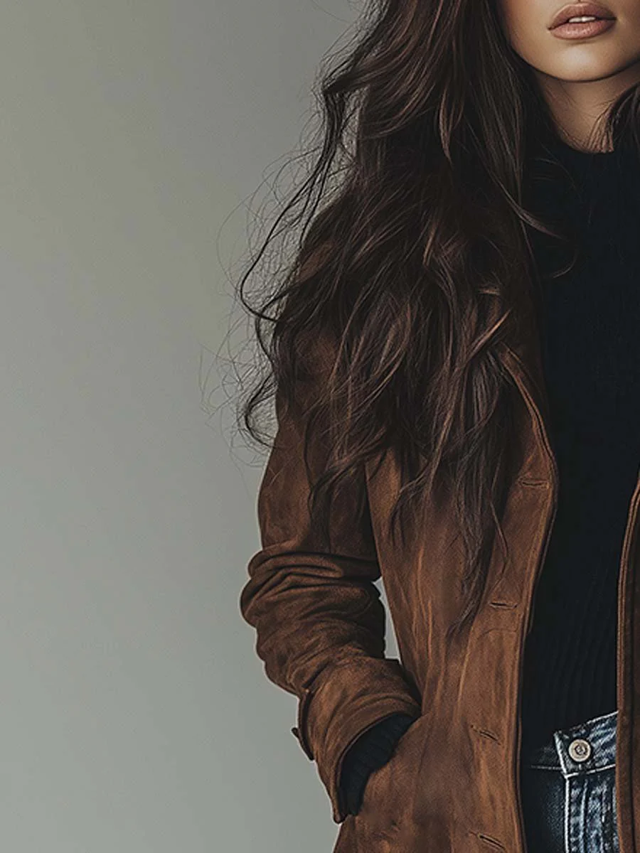 Elegant women's long brown trench coat, vintage style for fall layering. Classic winter outerwear.