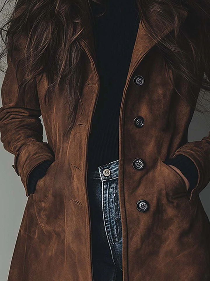 Model wearing a women's vintage style brown trench coat. Classic, elegant long outerwear for fall fashion.
