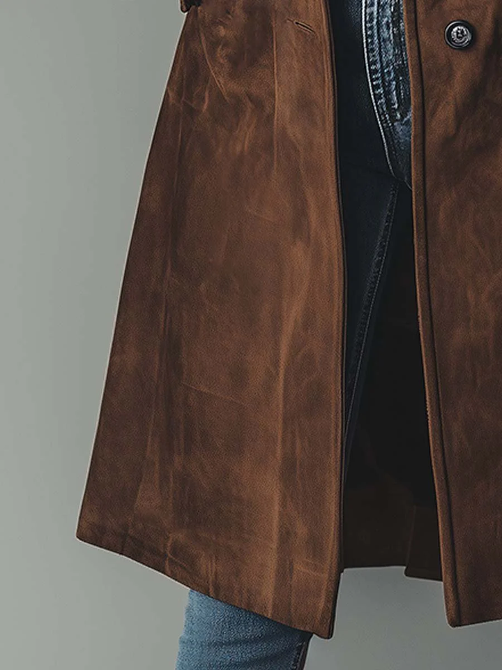 Versatile women's brown trench coat, vintage style for elegant fall and winter layering. Classic outerwear.