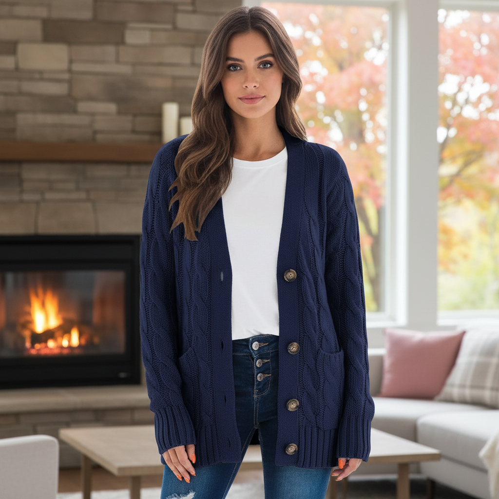 Women's classic cable knit cardigan with pockets, v-neck, and button-up front for fall fashion