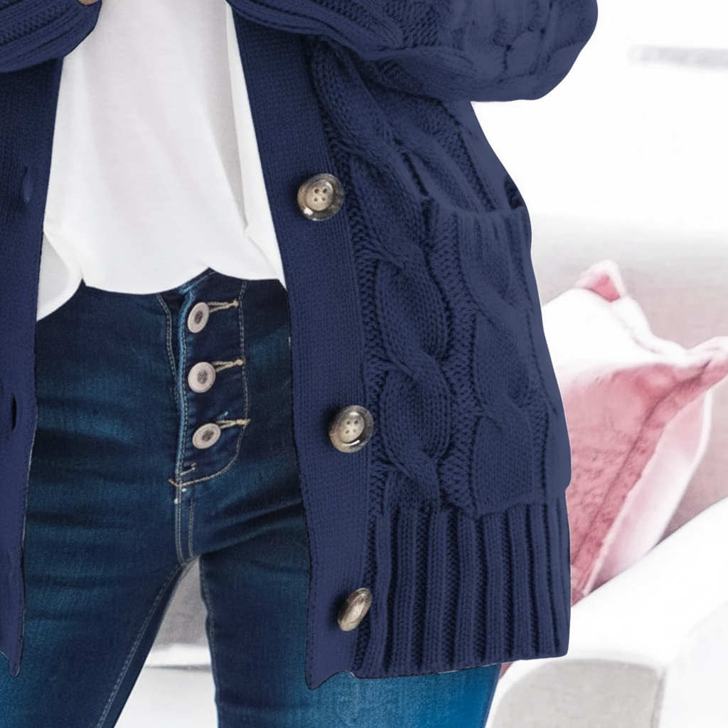 Close-up of a women's ivory knit cardigan with detailed cable knit pattern and buttons